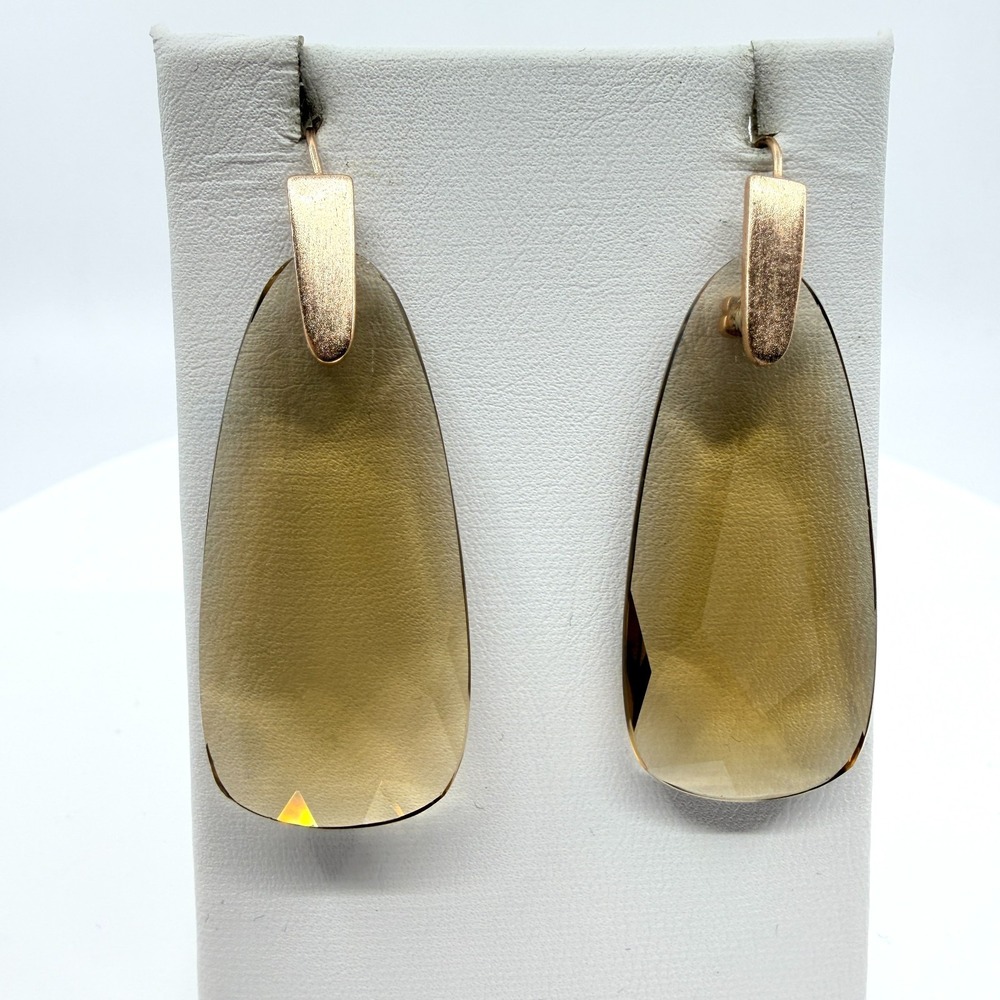 VTG Modernist Y2K Gold Tone Smoky Topaz Glass Teardrop Dangle Statement Earrings